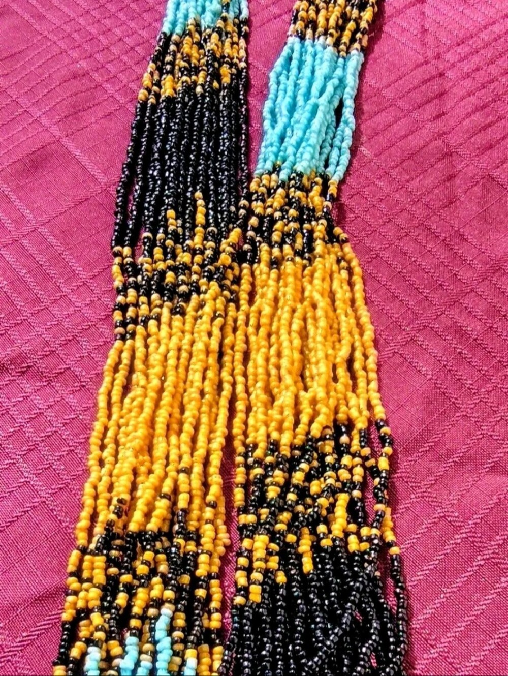 Handmade Seedbead Necklace & Earrings in Gold, Black & Aqua